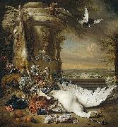 Jan Weenix A monkey and a dog beside dead game and fruit, with the estate of Rijxdorp near Wassenaar in the background Sweden oil painting artist